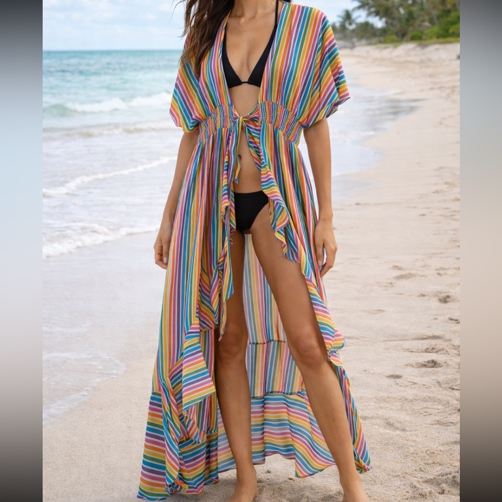 America & Beyond Rainbow Stripe Beach Cover Up Large Sheer Tie Front